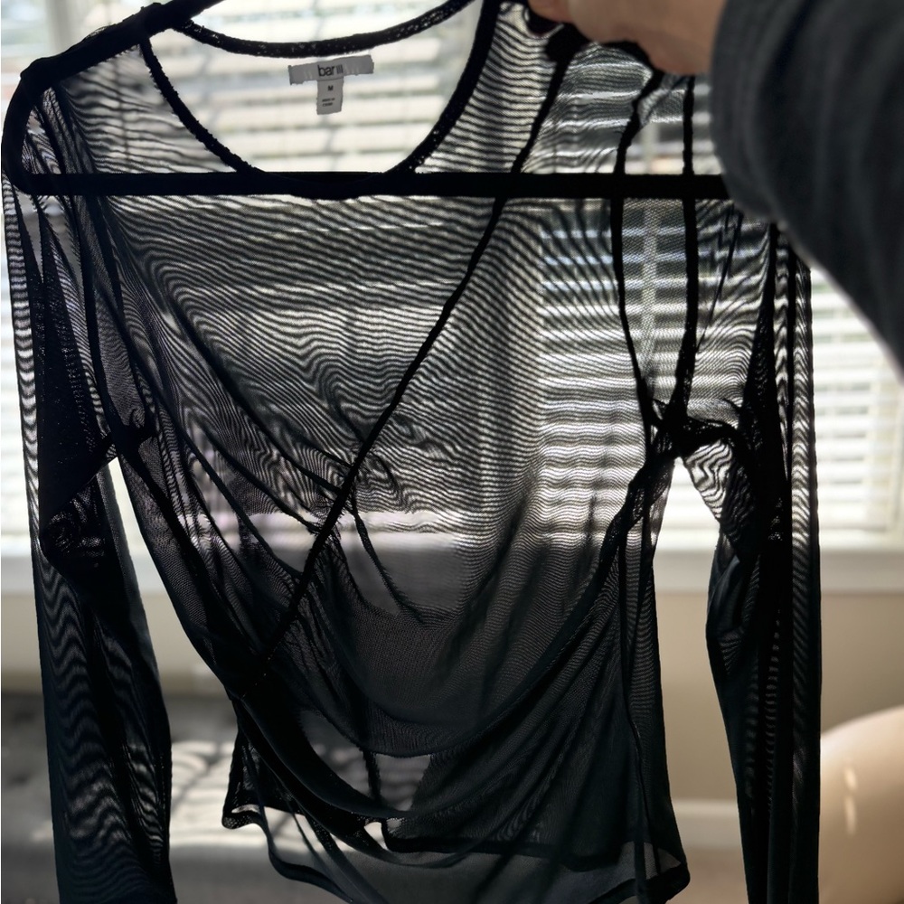 Bar III Black Sheer Mesh Long Sleeve Top